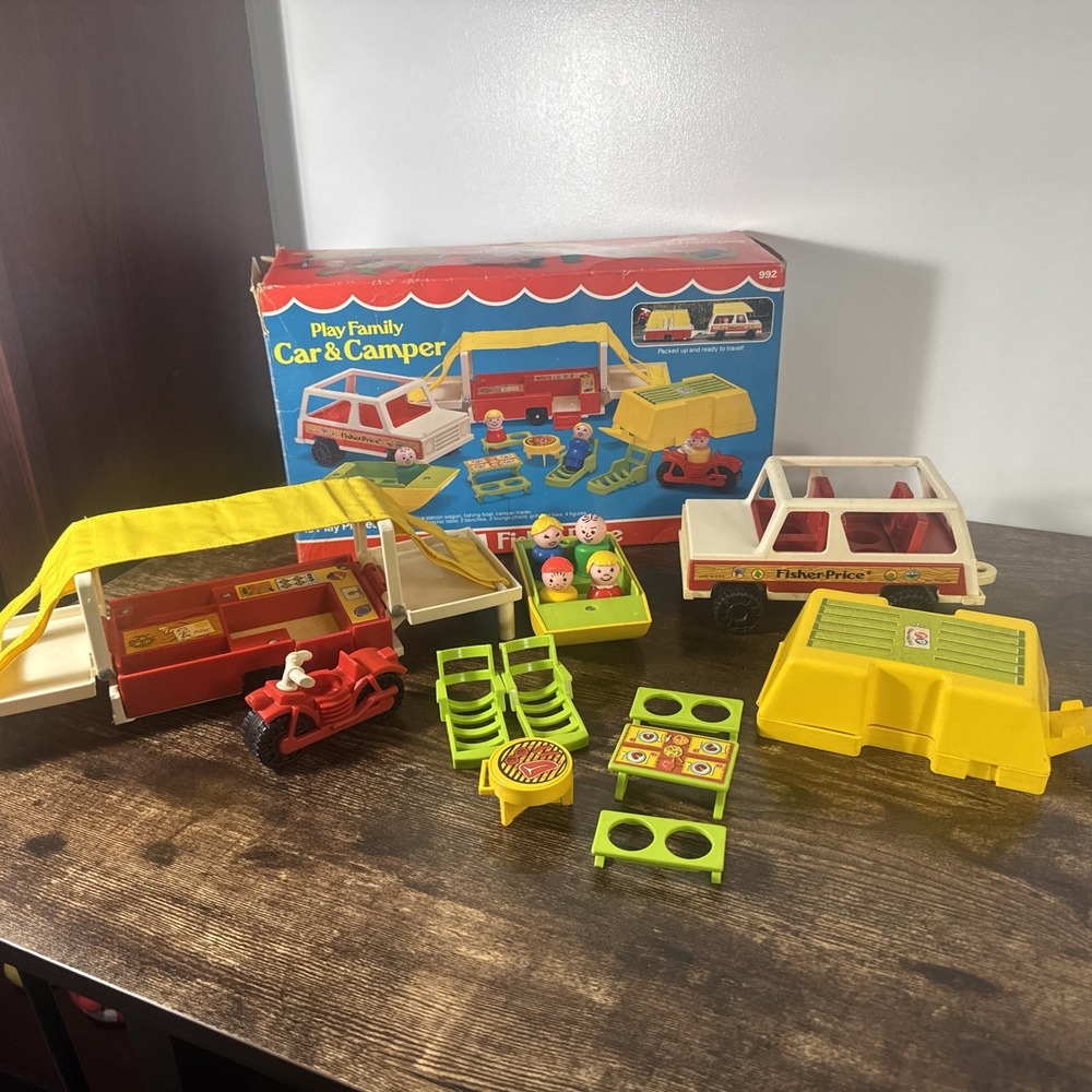 Vintage Fisher Price Little People #992 Pop Up CAR & CAMPER Complete HTF BOX
